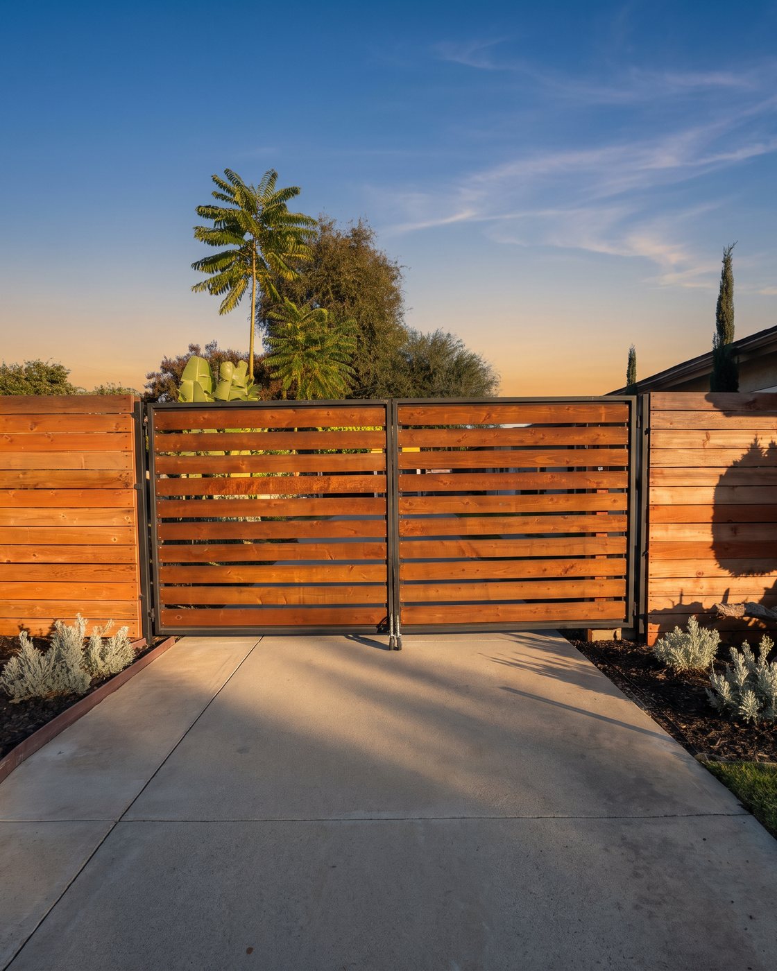 Private redwood gate at Her Aria women's recovery residence in Montclair, CA — gated driveway