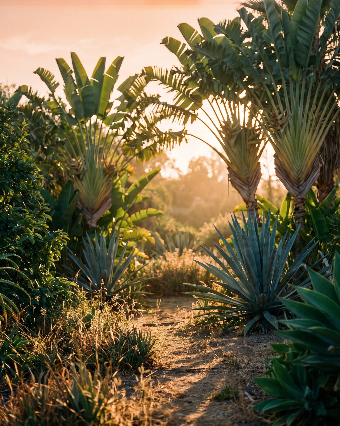 Warm evening light through traveler's palms and agave in a Southern California garden — Her Aria women's recovery residence, Montclair, CA
